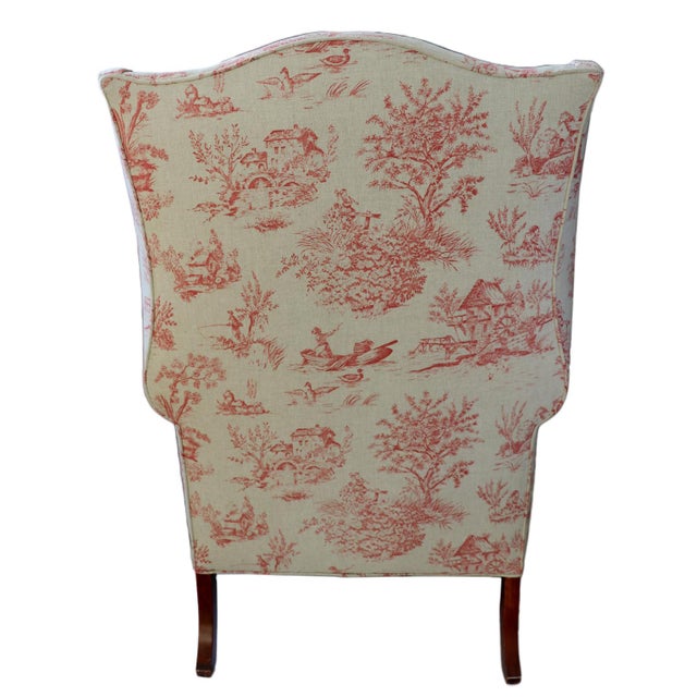 Mid 20th Century Queen Anne Style Wingback Armchair in Red Toile De Jouy For Sale - Image 5 of 14