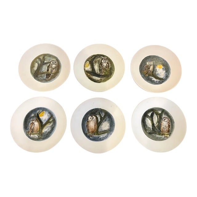 Vintage French Handpainted Marcel Guillot Owl Plates - Set of 6 For Sale
