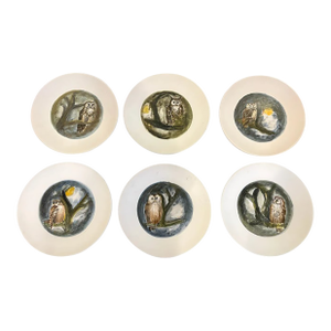 Vintage French Handpainted Marcel Guillot Owl Plates - Set of 6