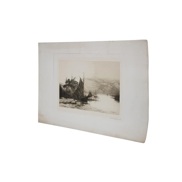 Late 19th century black and white maritime etching by John Hill Millspaugh. Oceanscape / landscape of a variety of sailing...