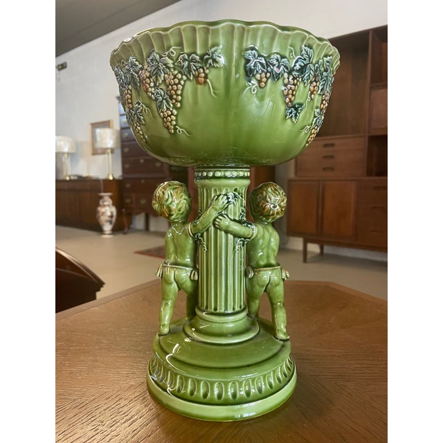 Fenton Art Glass Company Vintage 1950s Green Ceramic Pedestal Bowl With Cherubs by Fenton For Sale - Image 4 of 8