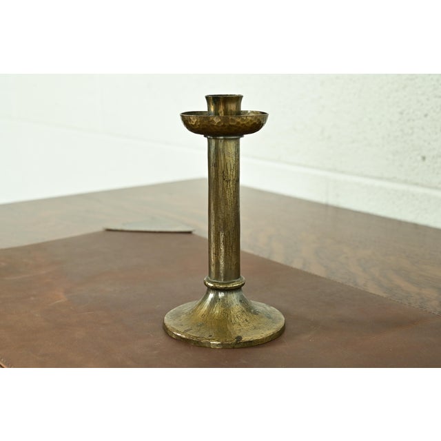 Art Deco Roycroft Arts & Crafts Brass Finished Hammered Copper Candlestick For Sale - Image 3 of 13