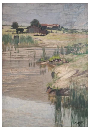 Joseph Mégard, Ferme et marais au pied du Salève, Oil on Canvas, Framed