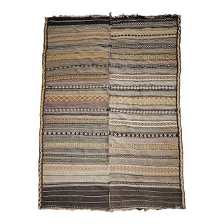 Antique Uzbek Tribal Soumak Kilim, Flat-Woven Wool, Stripe Pattern, Earth Tones, 5x8 For Sale