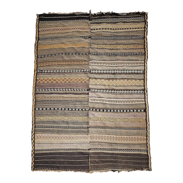 Antique Uzbek Tribal Soumak Kilim, Flat-Woven Wool, Stripe Pattern, Earth Tones, 5x8 For Sale