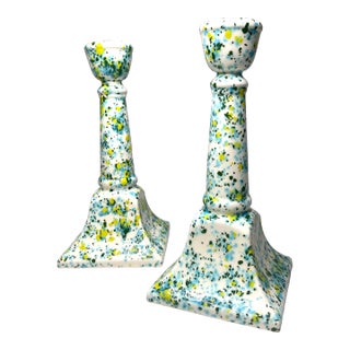 Vintage Splatterware & Speckled Painted Ceramic Glazed Candlesticks, a Pair, Turquoise, Yellow, Chartreuse For Sale