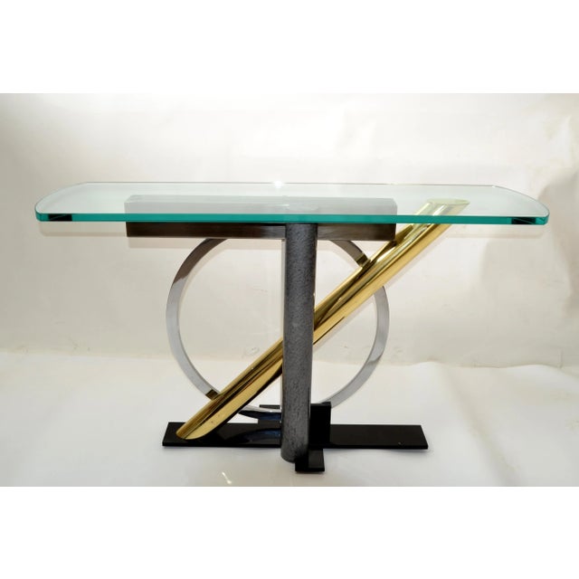 Kaizo Oto Design Institute of America Console Glass Table Brass, Steel, Chrome For Sale - Image 12 of 13
