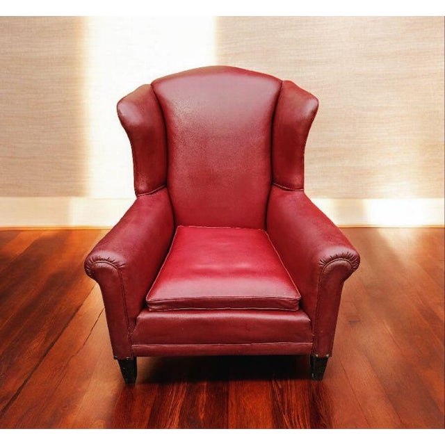 Ethan Allen Vintage Red Leather Wingback Chair & Ottoman For Sale - Image 4 of 8