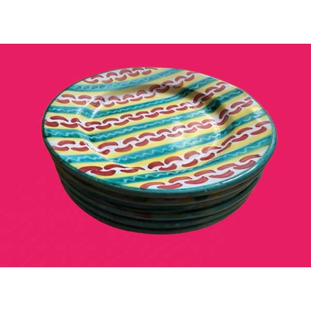 Vintage Italian Hand Painted Ceramic Plates in the Style of Mackenzie - Childs - Sets of 6 For Sale - Image 9 of 10