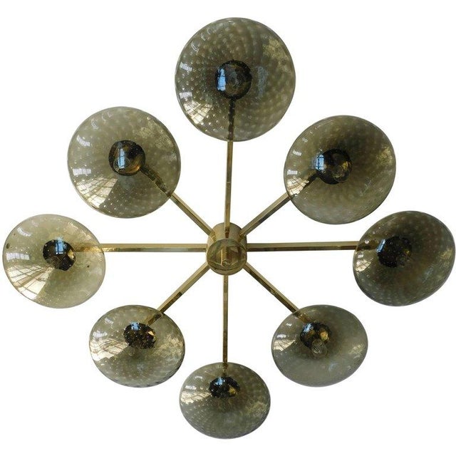 Italian flush mount with eight smoky Murano glass shades carefully hand blown with bubbles inside the glass using...