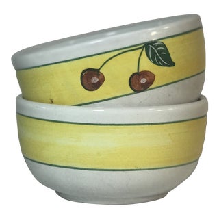 1980s Americana Cherries Hand Painted Italian Ceramic Bowls, a Pair For Sale