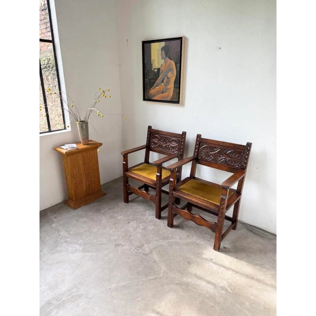 Brown Spanish Armchairs in Carved Wood, 1900, Set of 2 For Sale - Image 8 of 18