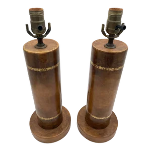 1950's Leather Column Lamps With Gold Banding - a Pair