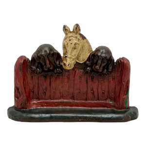 Very Unusual Vintage 1930s American Cast Iron Doorstop With 2 Dogs and a Horse at Fence