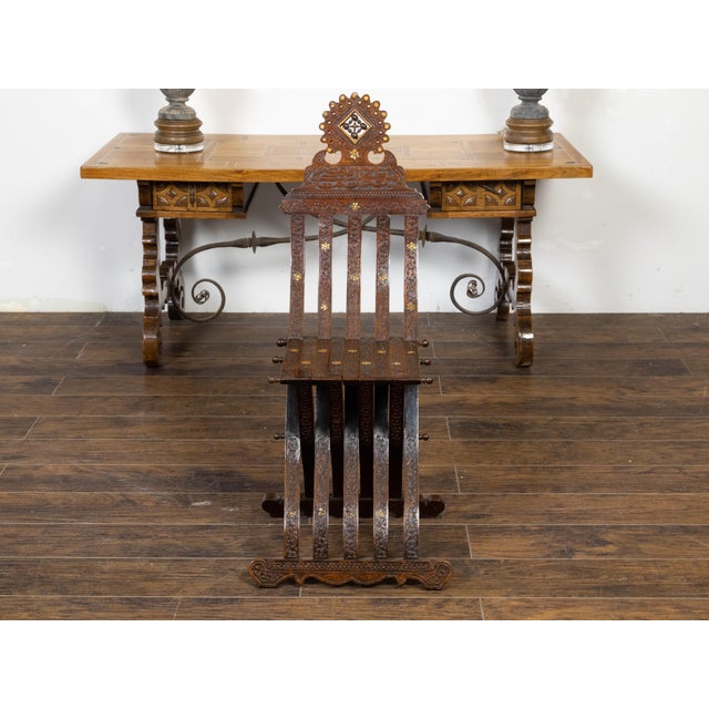 Early 20th Century Moroccan Moorish Style 1900s Side Chair with Richly Carved Décor and Star Inlay For Sale - Image 5 of 12