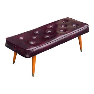 Mid-Century Modern Tufted Vegan Leather Bench on Splayed Tapered Legs For Sale
