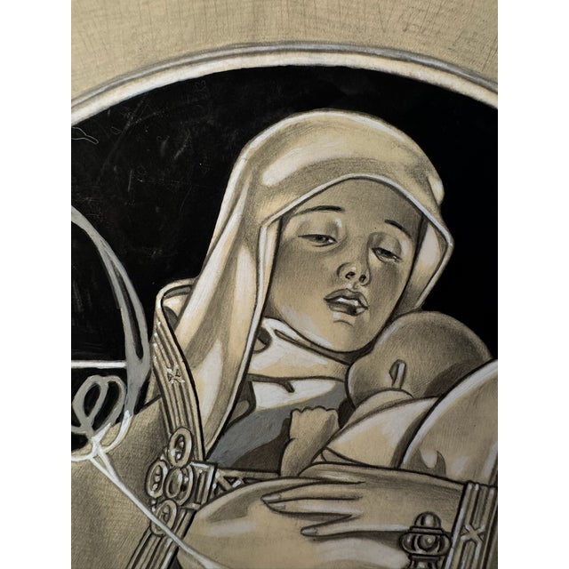 Original graphite pencil drawing by American artist and illustrator Theodore E. Schrock (1879–1952), depicting the Madonna...