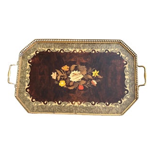 Vintage 1960s Italian Marquetry Octagonal Gallery Tray With Brass Rail & Floral Inlay For Sale