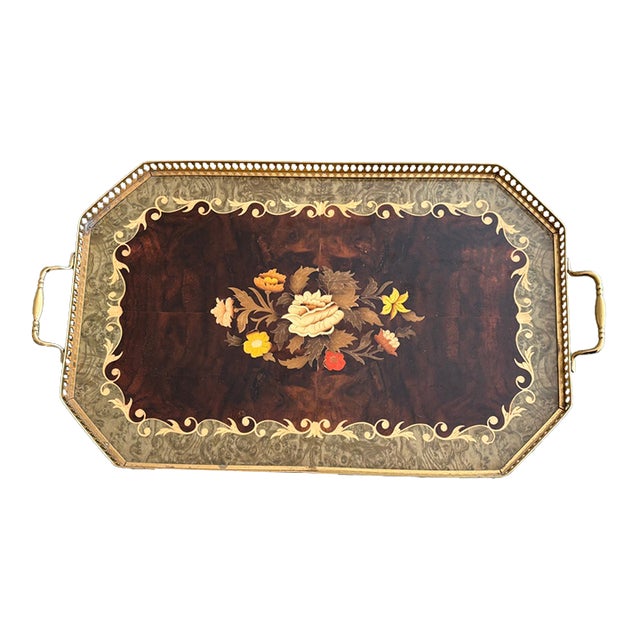 Vintage 1960s Italian Marquetry Octagonal Gallery Tray With Brass Rail & Floral Inlay For Sale