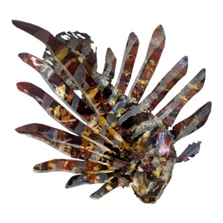 Vintage Modern Enamel on Copper Mounted on Quartz Base Tropical Lion Fish Sculpture For Sale