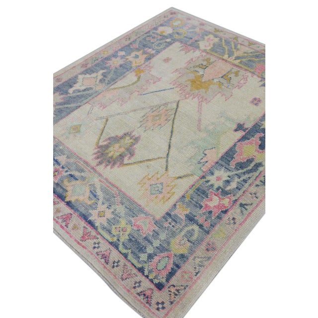 Blue Early 21st Century Blue & Pink Handwoven Wool Turkish Oushak Rug 5'7" X 6'5" For Sale - Image 8 of 9