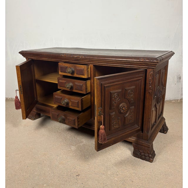 Vintage Spanish Renaissance Style Low Sideboard in Oak with Carved Panel, 1920 For Sale - Image 10 of 13