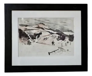 Landscape of Snowy Mountains, Watercolor, 1944, Framed