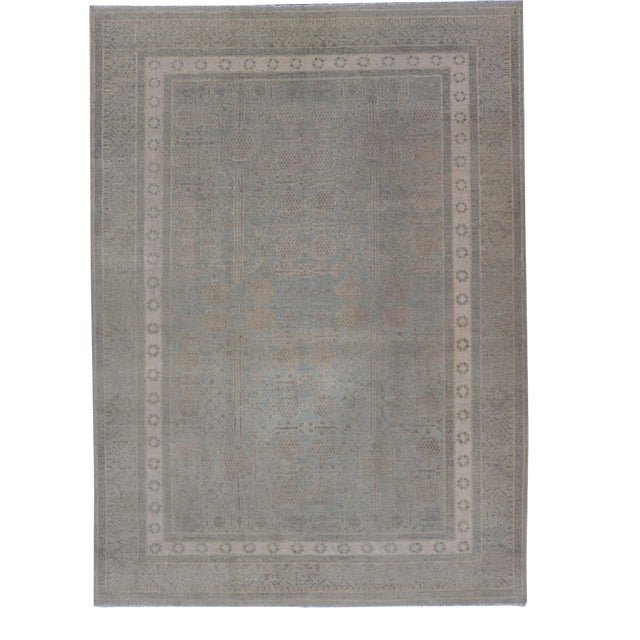 Afghan Khotan Rug With Geometric Design in Shades of Light Blue and Taupe For Sale