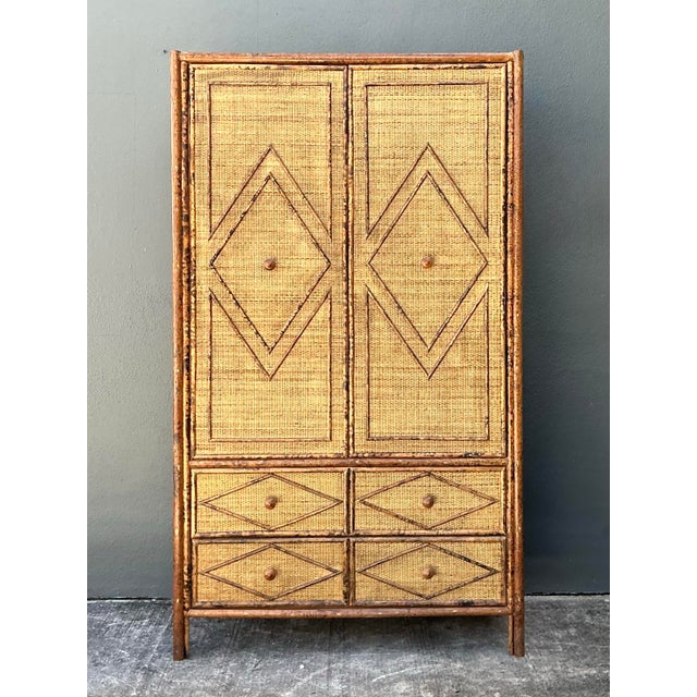 Camel Vintage Tortoise Rattan Diamond Armoire For Sale - Image 8 of 12