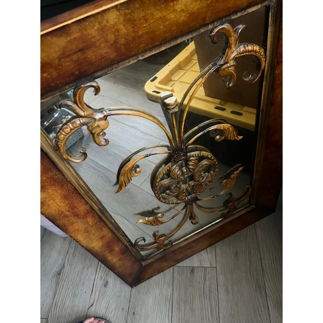 Rare Vintage, Antiqued Metal Overlain Oak Framed, Floral Scroll-Worked, Accent Wall Mirror (30” X 20”) For Sale - Image 6 of 6