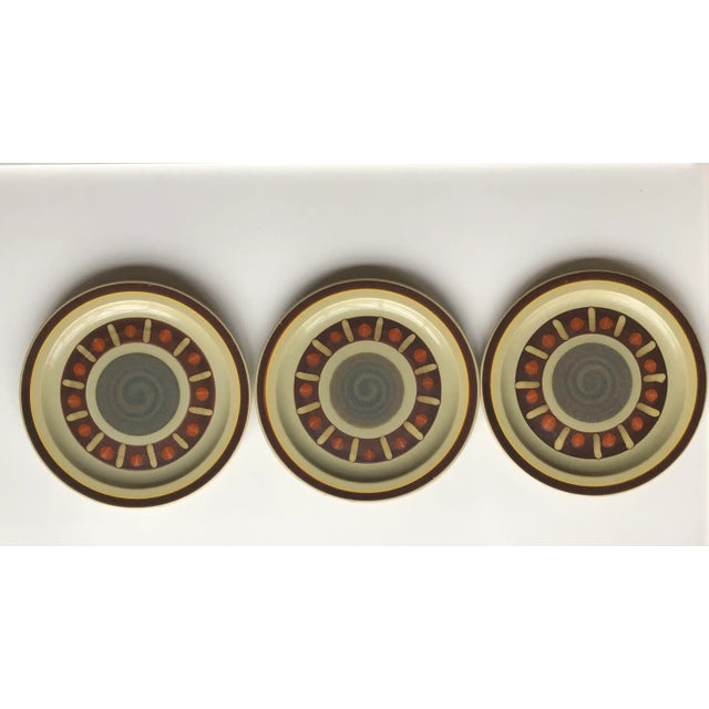 Midcentury set of 3 stoneware dinner plates 10.75"D , makers mark reads " International Stoneware Japan Vera Cruz "...