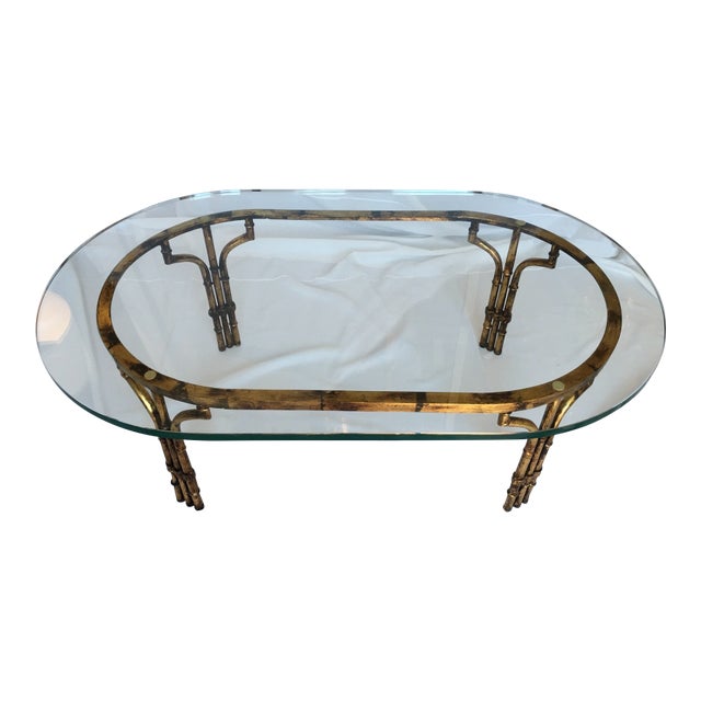 Vintage Faux Bamboo Brass Coffee Table With Glass Top For Sale