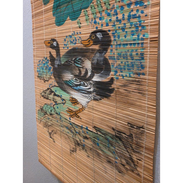 Mid 20th Century Hand-Painted Bamboo Slat Wall Scroll Mandarin Ducks & Lotus Flowers For Sale In Mobile - Image 6 of 12