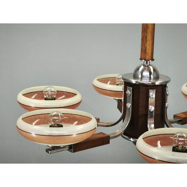 Large Art Deco Wood and Glass Six-Light Chandelier in Chrome, 1930s For Sale - Image 4 of 16