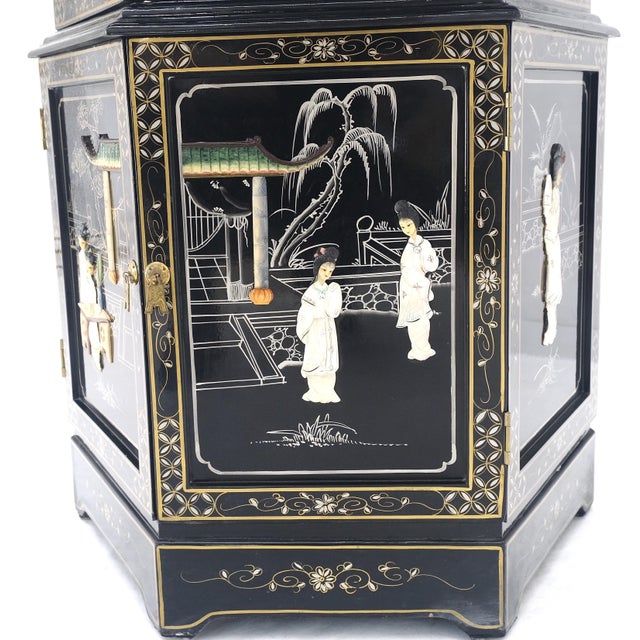 Chinese Black Lacquer Round Hexagon Pagoda Top Mother of Pearl Showcase Display For Sale - Image 6 of 11