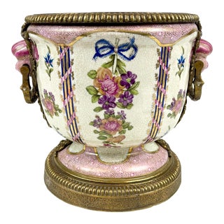 20th Century Handpainted Porcelain Planter With a Brass Base For Sale