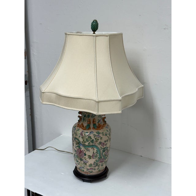 Chinoiserie Vintage Chinoiserie Floral + Dragon Ceramic Table Lamp For Sale - Image 3 of 12