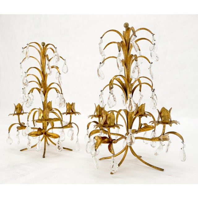 Late 20th Century Late 20th Century Decorative Italian Gold Gilt Metal & Crystals Candle Stands MINT For Sale - Image 5 of 10
