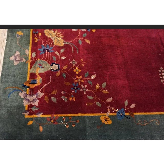 Textile 1920s Raspberry Red Floral Antique Chinese Art Deco Carpet 6' X 8'8'' Knotted Wool Rug For Sale - Image 7 of 13
