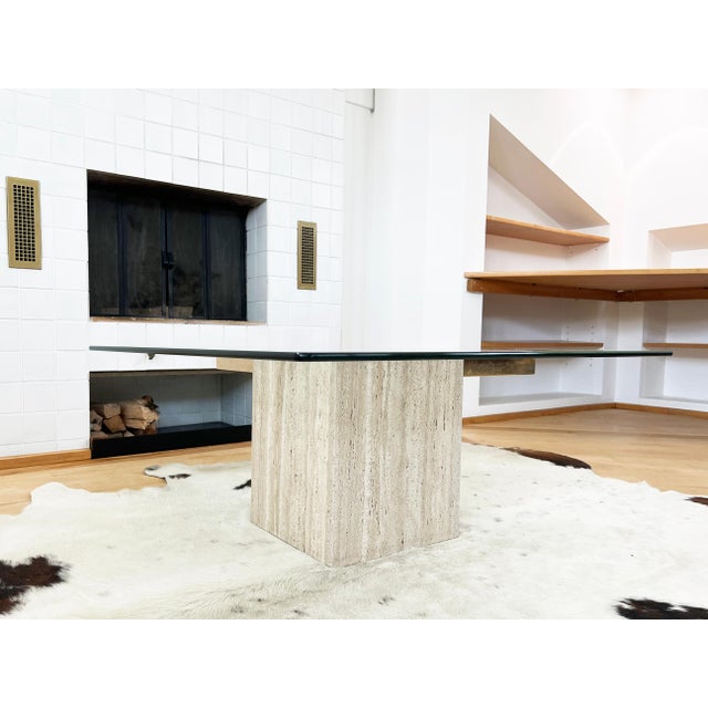 1970s Postmodern Travertine and Brass Attributed to Artedi Glass Coffee Cocktail Table For Sale - Image 13 of 13