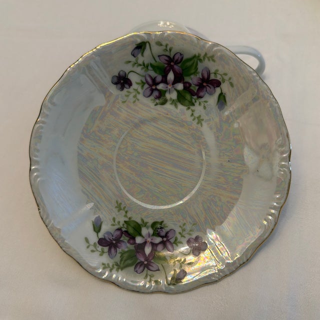 Vintage Iridescent Porcelain Teacup and Saucer With Violets and Gold Trim. For Sale - Image 4 of 12