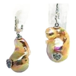 Diamond Baroque Fresh Water Yellow Pearl Earrings 14k Gold Certified For Sale