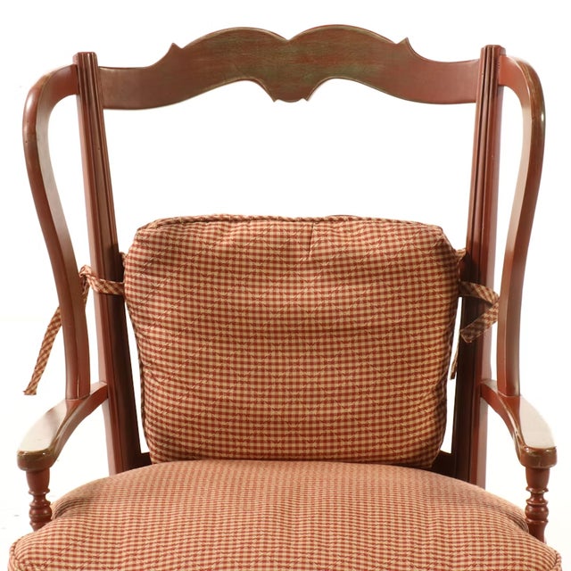 Vintage French Provincial Distressed Terracotta Red Wingback Chair With Gingham Cushions For Sale - Image 4 of 12