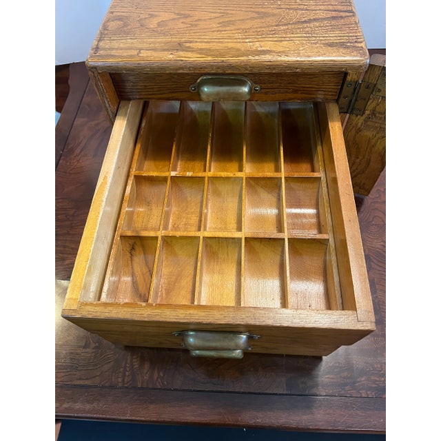 1950s Vintage Oak Post Office Locking Employees Cash & Stamp Box by National Cabinet Co. For Sale - Image 9 of 12