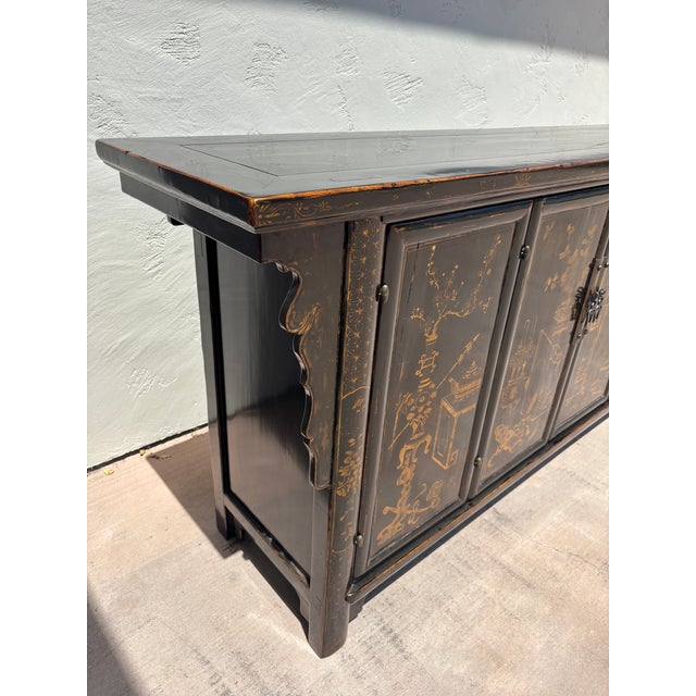 Black Vintage Chinese Black Lacquer Chinoiserie Sideboard W/ Hand-Painted Gilt Decoration For Sale - Image 8 of 15