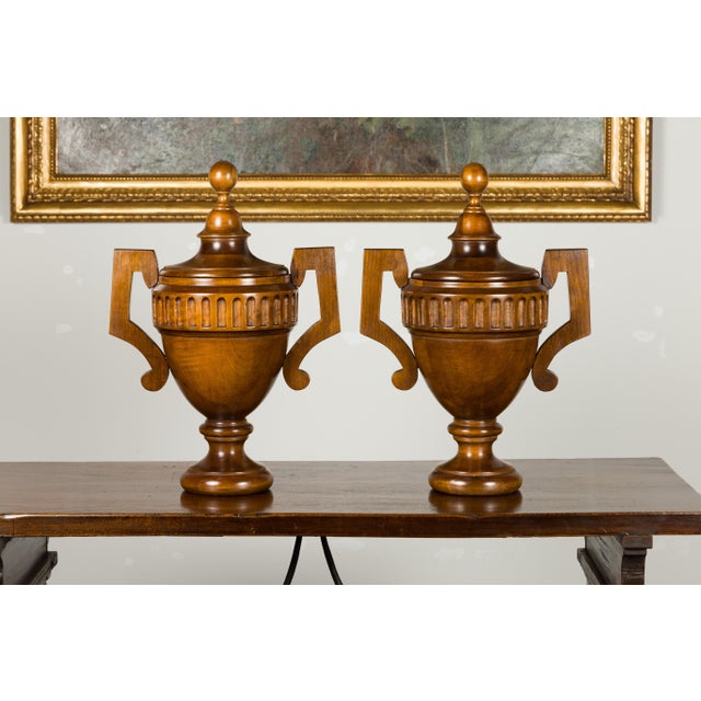 Mid 20th Century Pair of Midcentury English Carved Walnut Lidded Urns with Large Handles For Sale - Image 5 of 11