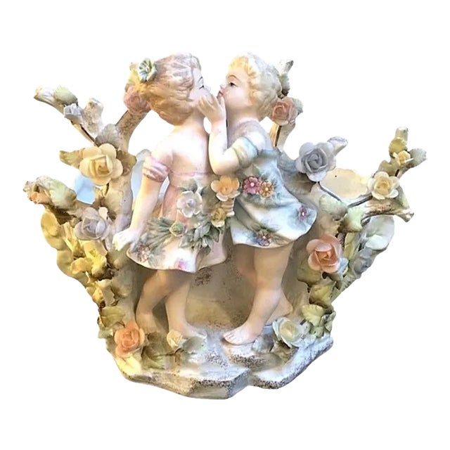 1920s Bisque Large Spill Vase Girl & Boy Kissing For Sale