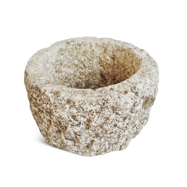 Rustic small old chiseled granite stone round pot. Wonderful rough texture and great for indoors or out.