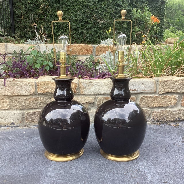 Ralph Lauren Pair of Ralph Lauren Gloss Black "Malin Ming" Lamps With Cream Coolie Shades and Brass Bases For Sale - Image 4 of 11