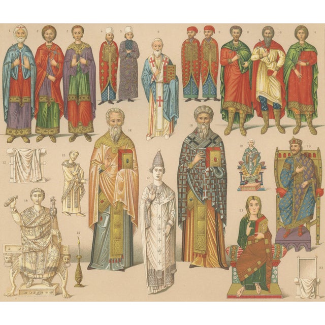 Racinet, Byzantine Costume Study: Imperial & Clerical Dress, 1888, Chromolithograph For Sale - Image 6 of 10